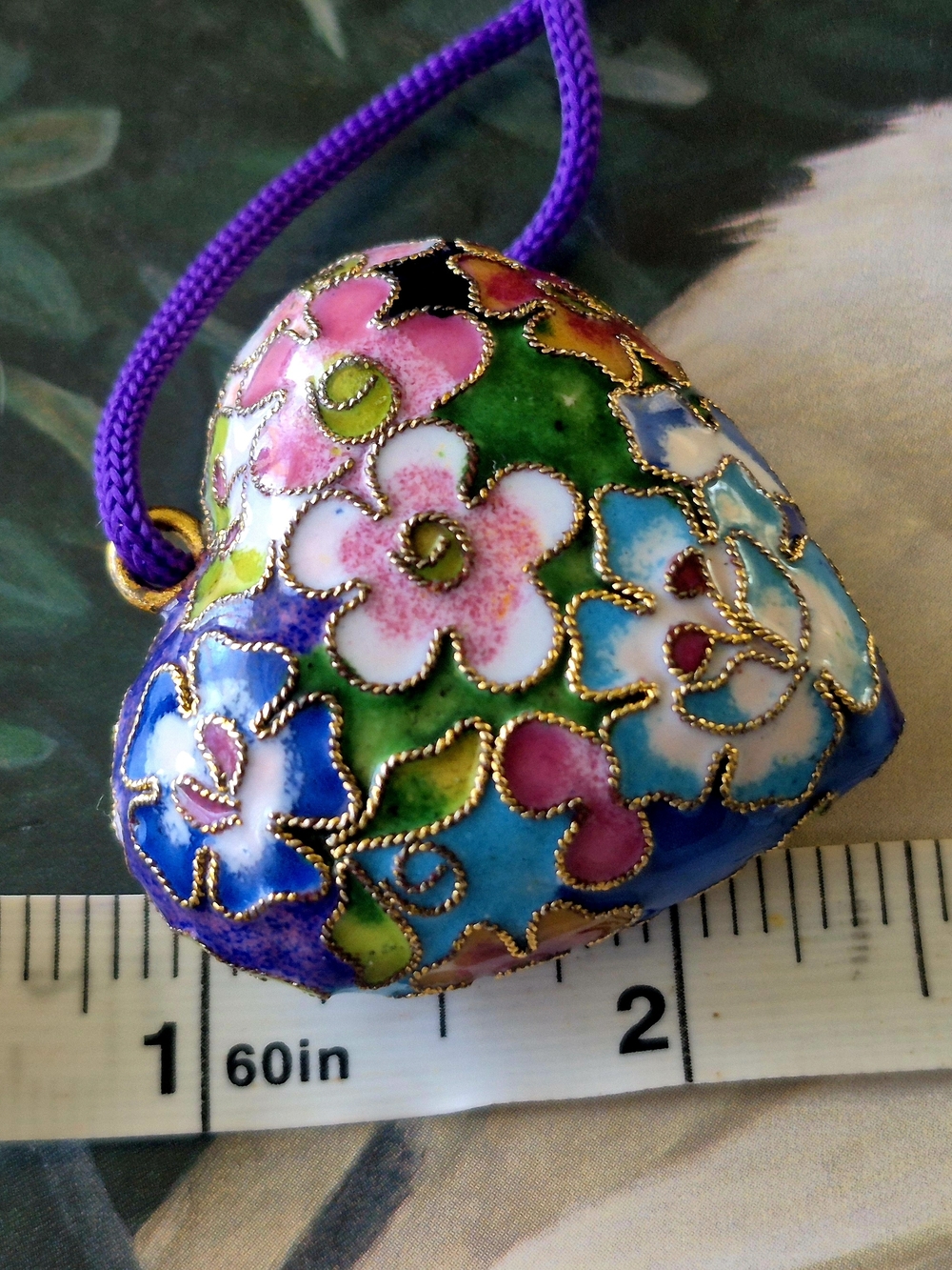 Floral Cloisonné Heart Pendant Necklace - Purple, Blue & Green - Picture 10 of 10